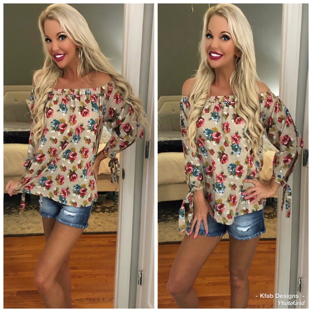 ❤️LAST 1! Off Shoulder Floral Top-Self Tie Sleeves - Picture 3 of 4
